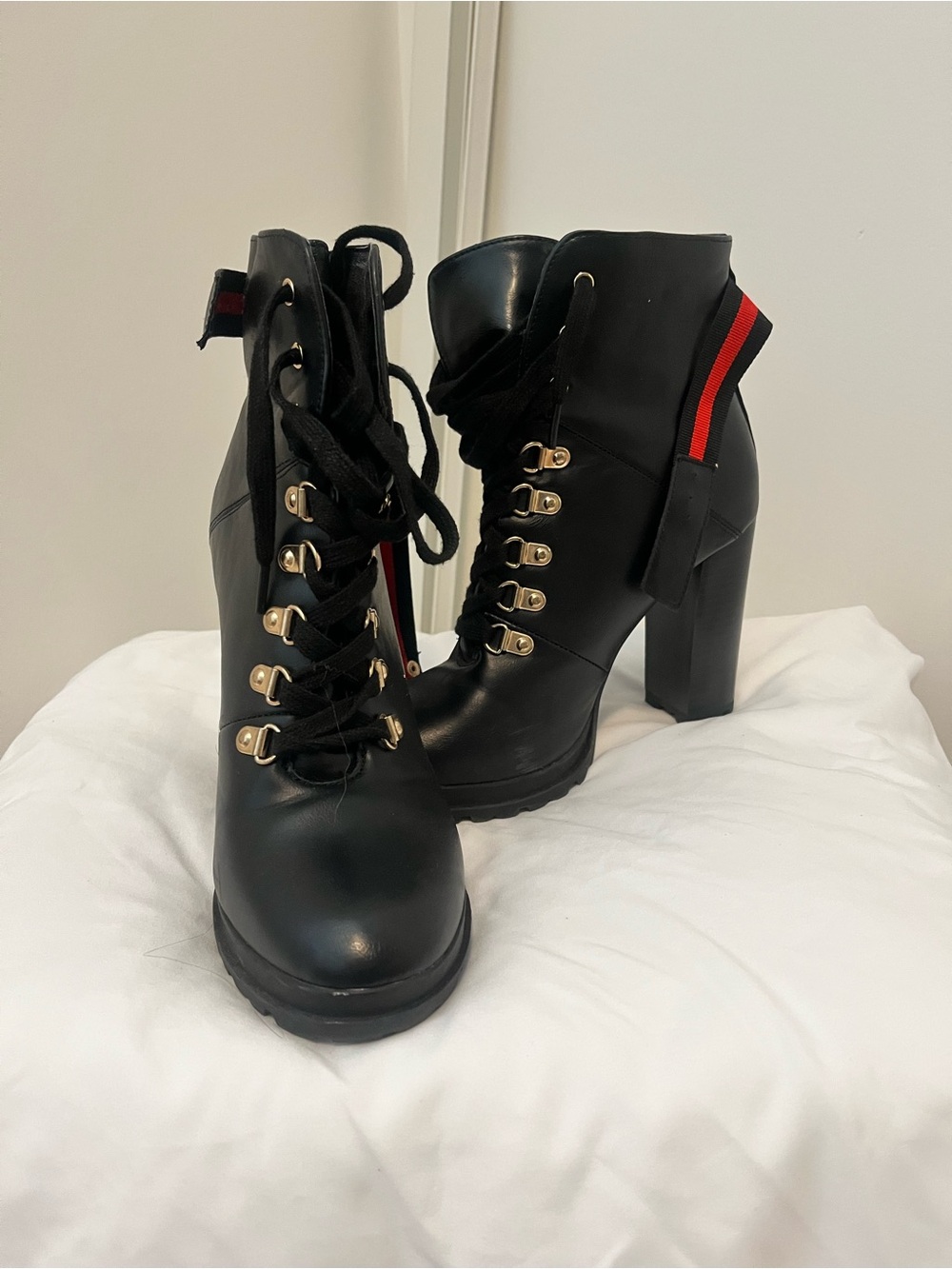 Shoe Dazzle Black Lace-Up High Heel Ankle Boots with Red Accent